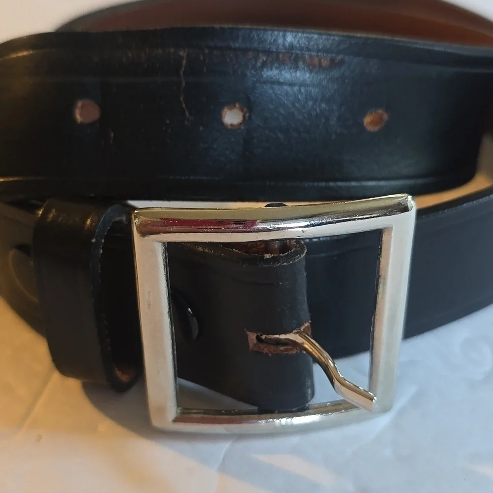Mens Black Premium leather Belt Silver Square Buckle Minimalist Sz.L/XL